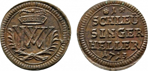 Schleusinger Heller von 1713 mit Vorder- und Rückseite.